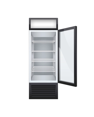 Commercial glass door drink fridge realistic composition with isolated image of fridge with opened door vector illustration