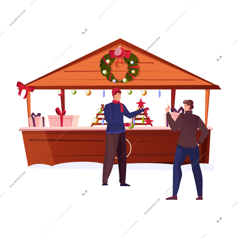 Christmas flat composition with view of fair stall with people isolated on blank background vector illustration