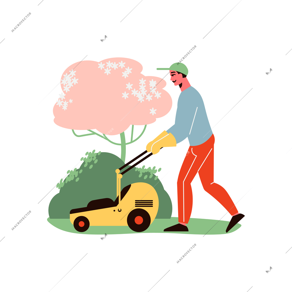 Gardening composition with character of male gardener with trolley grass cutter machine vector illustration