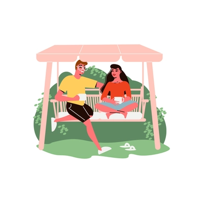 Gardening composition with human characters sitting on swing in the garden vector illustration