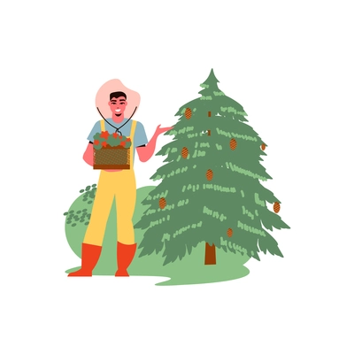 Gardening composition with character of male gardener with flowers and fir tree with cones vector illustration