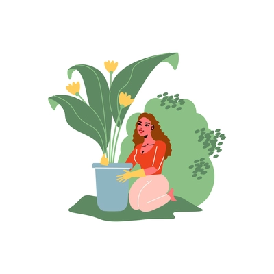 Gardening composition with female character with big flower pot vector illustration