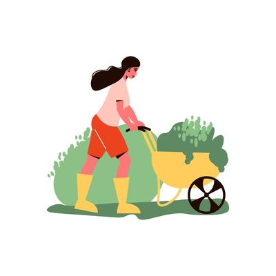 Gardening composition with character of female gardener with single wheel trolley vector illustration