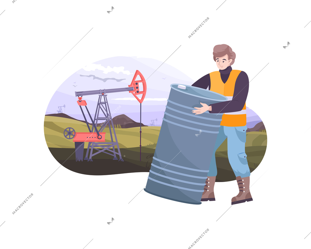 Oil industry flat composition with outdoor landscape pump and worker carrying metal barrel vector illustration