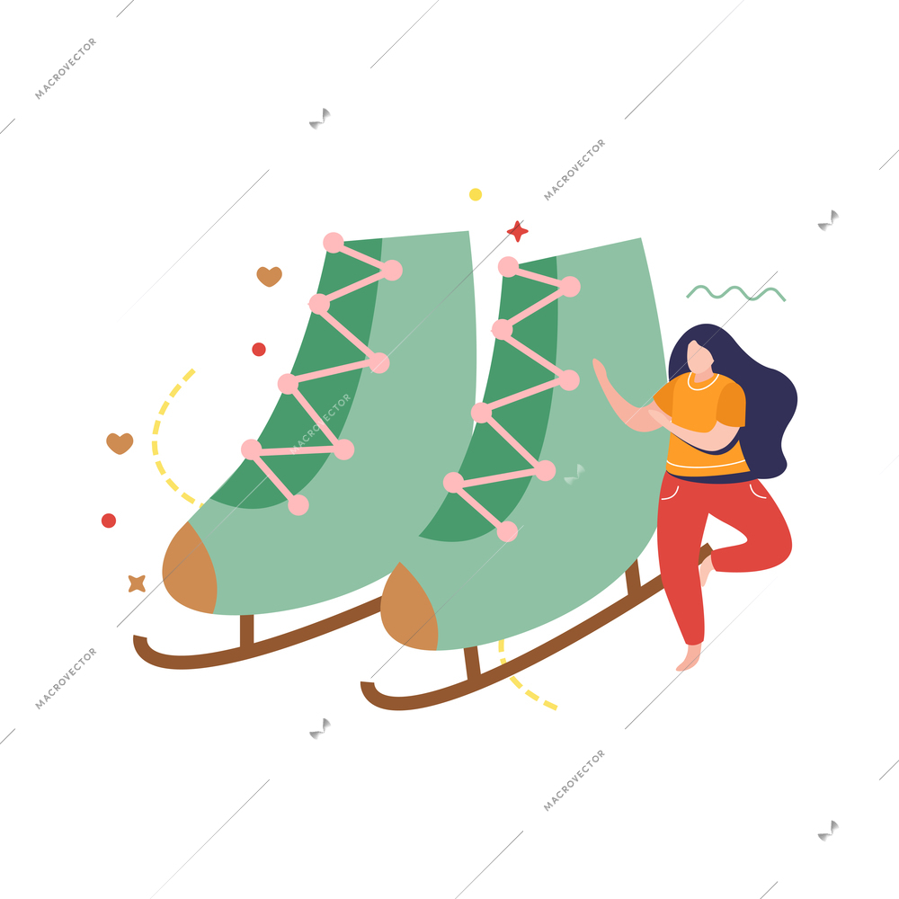 Happy winter flat composition with female character near big ice skates vector illustration