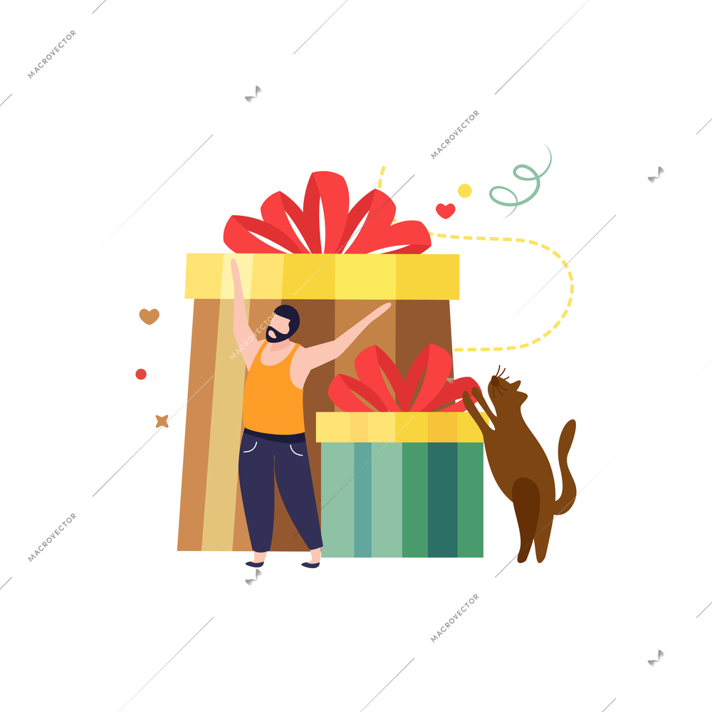Happy winter flat composition with male character and dog near stack of gift boxes vector illustration