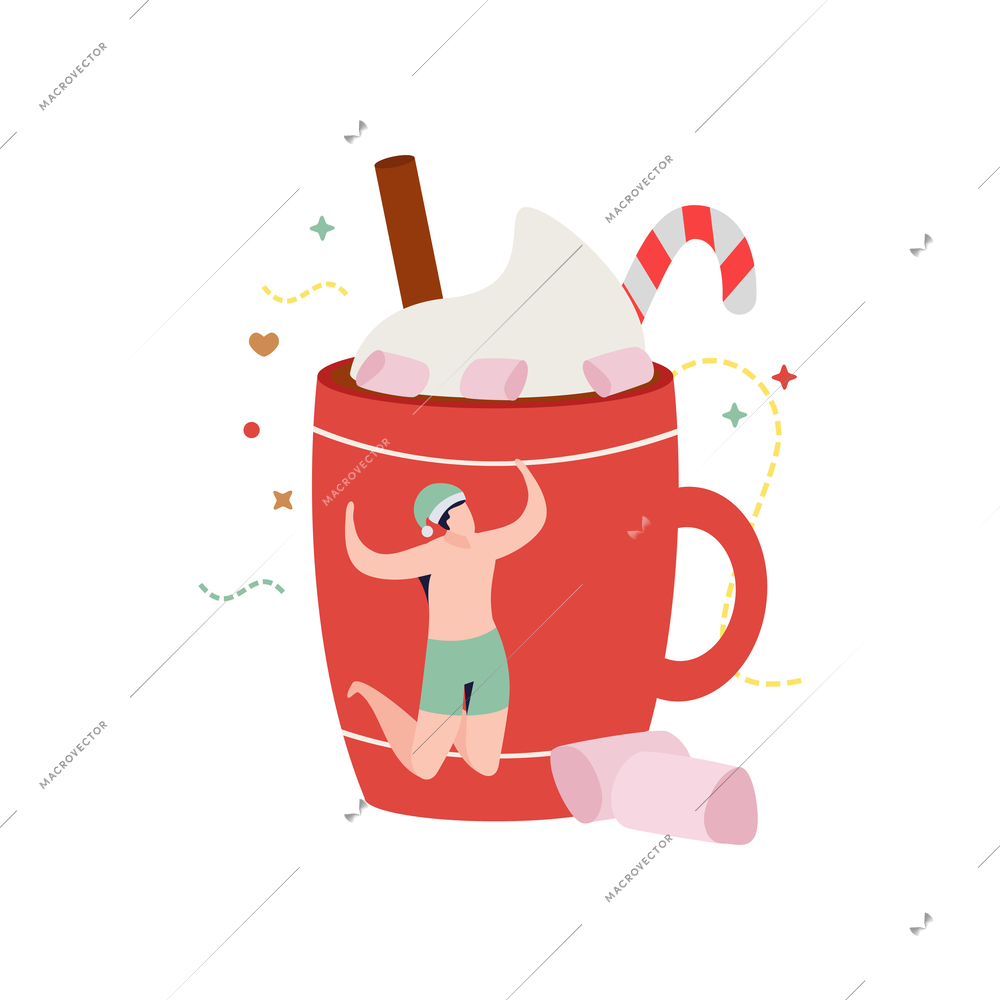 Happy winter flat composition with big cup of marshmallow drink with jumping human character vector illustration