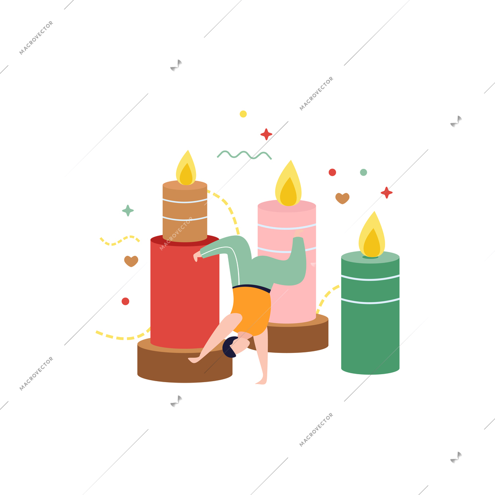 Happy winter flat composition with jumping man and burning candles vector illustration