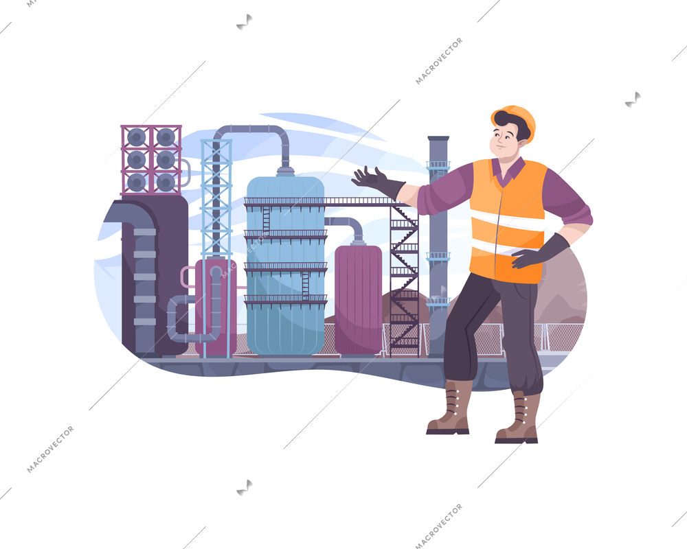 Oil industry flat composition with view of plant and human character of worker in uniform vector illustration