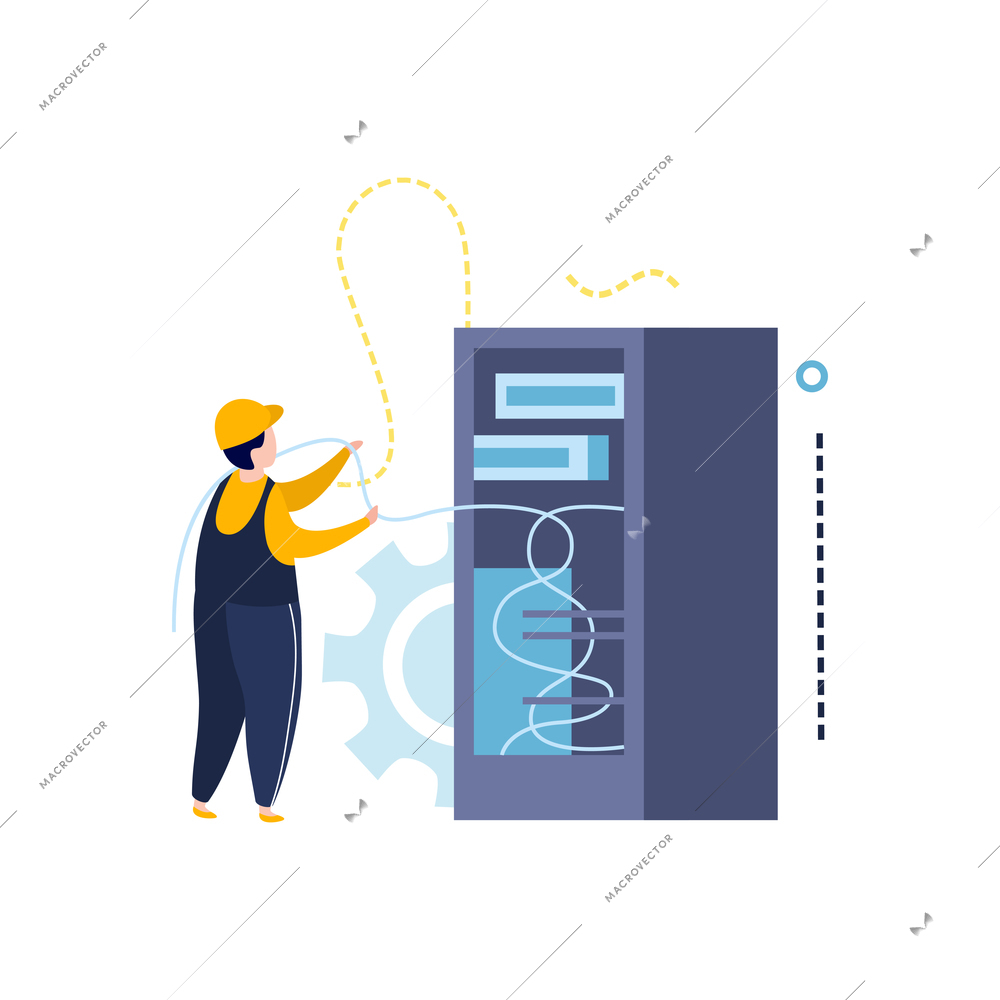 Electricity and lighting flat icons composition with character of electrician with wires and power cabinet vector illustration