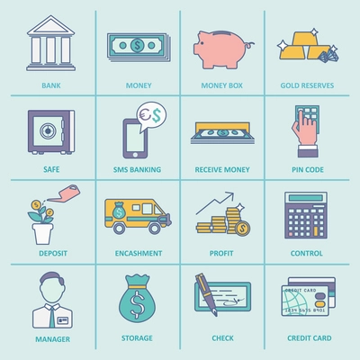 Bank service money control profit and growth flat line icons set isolated vector illustration