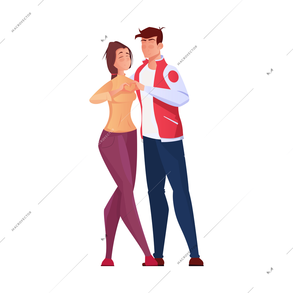 International thank you day flat composition with isolated characters of girl and boy heart gesture vector illustration
