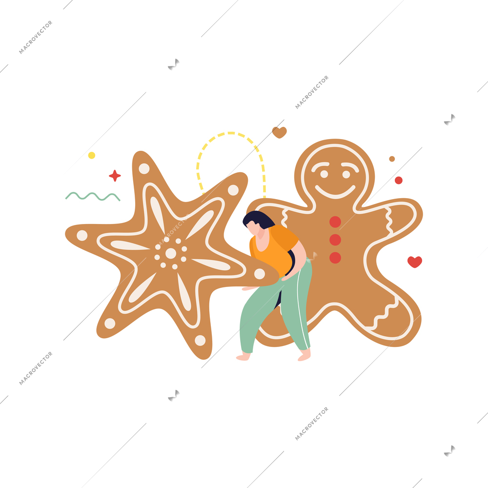 Happy winter flat composition with woman character near big festive cookies vector illustration