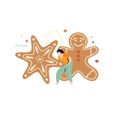 Happy winter flat composition with woman character near big festive cookies vector illustration