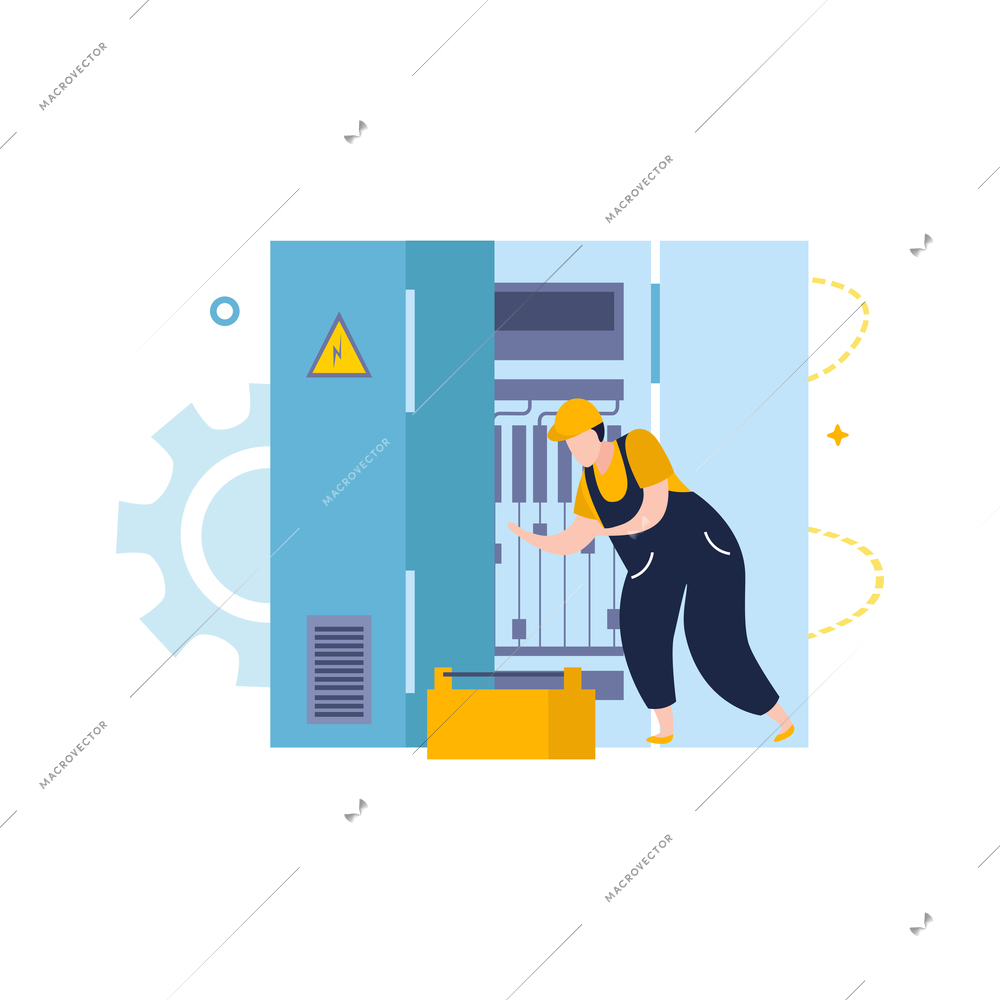 Electricity and lighting flat icons composition with character of electrician opening power control box door vector illustration