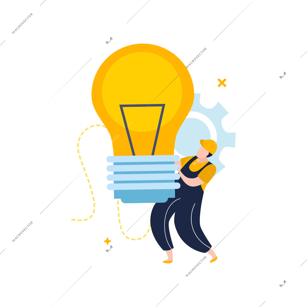 Electricity and lighting flat icons composition with character of electrician holding big lamp bulb vector illustration