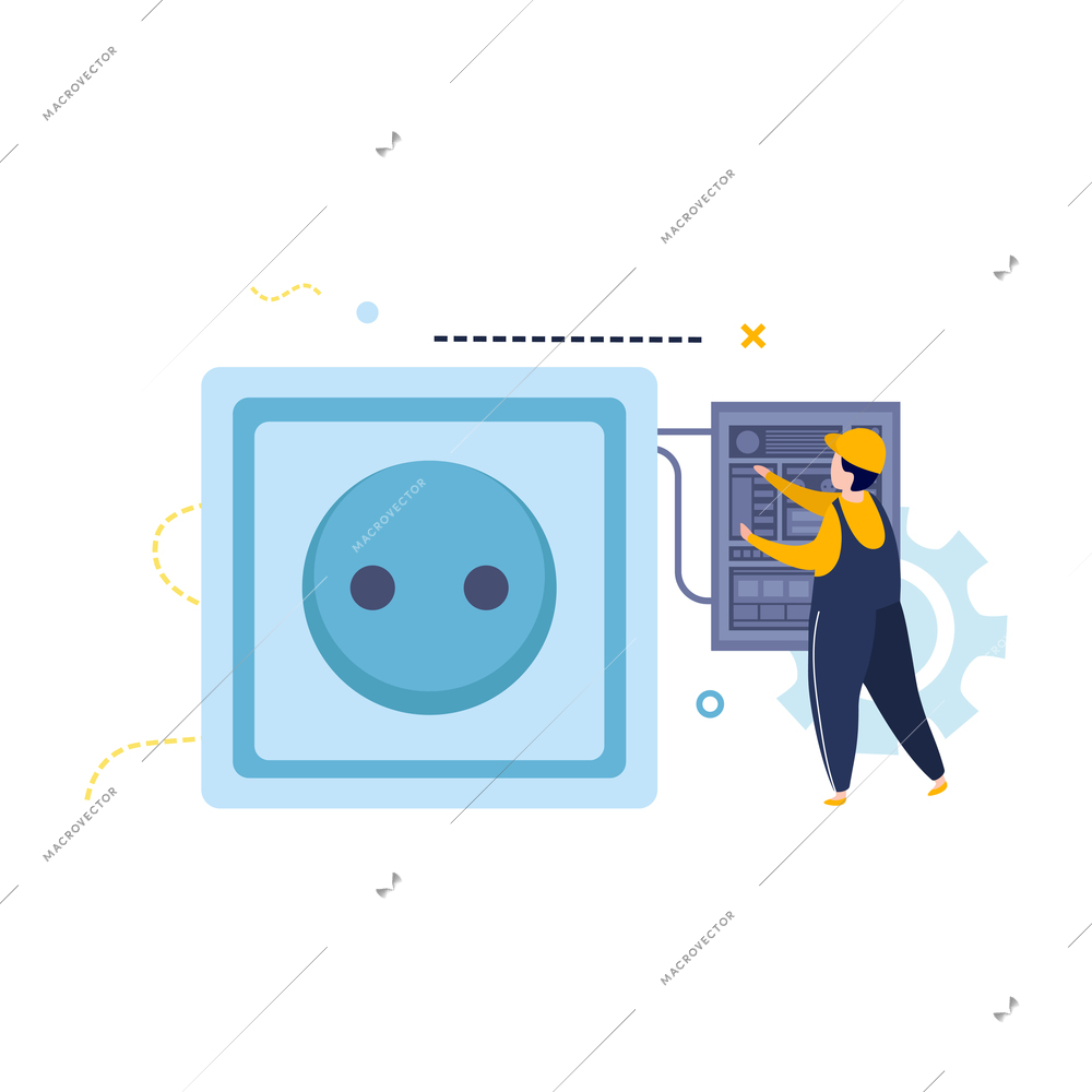 Electricity and lighting flat icons composition with character of electrician near big power socket vector illustration