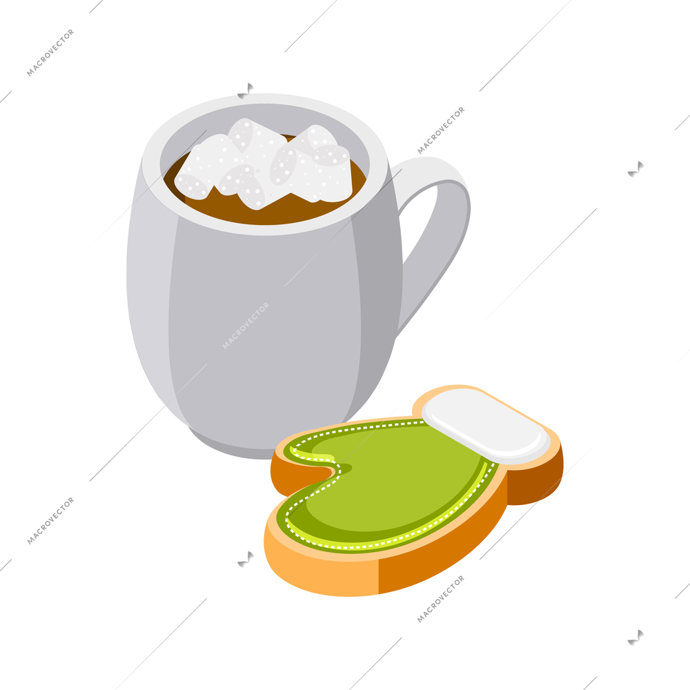 Christmas mood isometric icons composition with images of glove shaped cookie and cup of coffee vector illustration