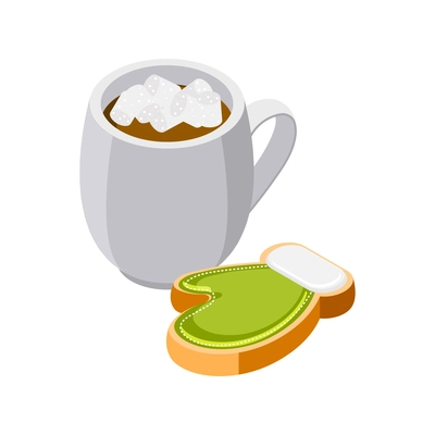 Christmas mood isometric icons composition with images of glove shaped cookie and cup of coffee vector illustration