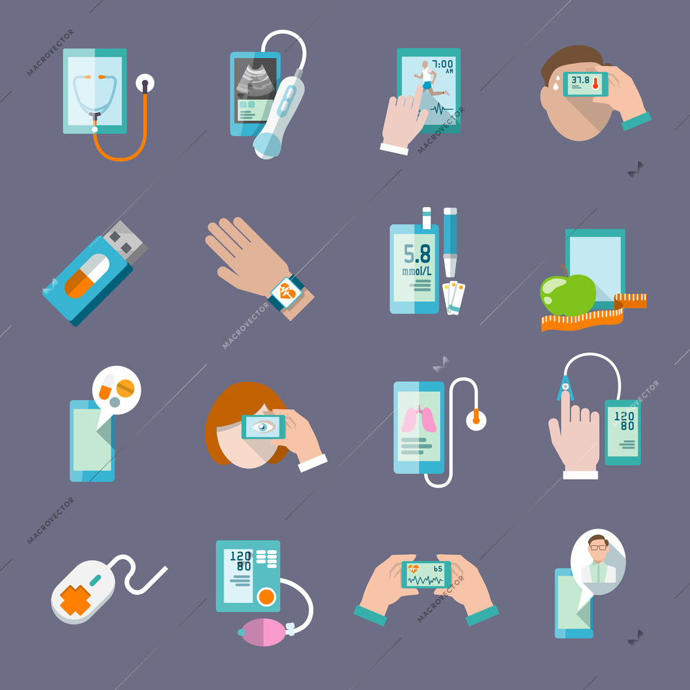 Mobile health online pharmacy computer diagnostics icons flat set isolated vector illustration