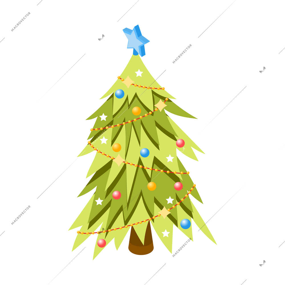 Christmas mood isometric icons composition with isolated image of decorated new year tree vector illustration