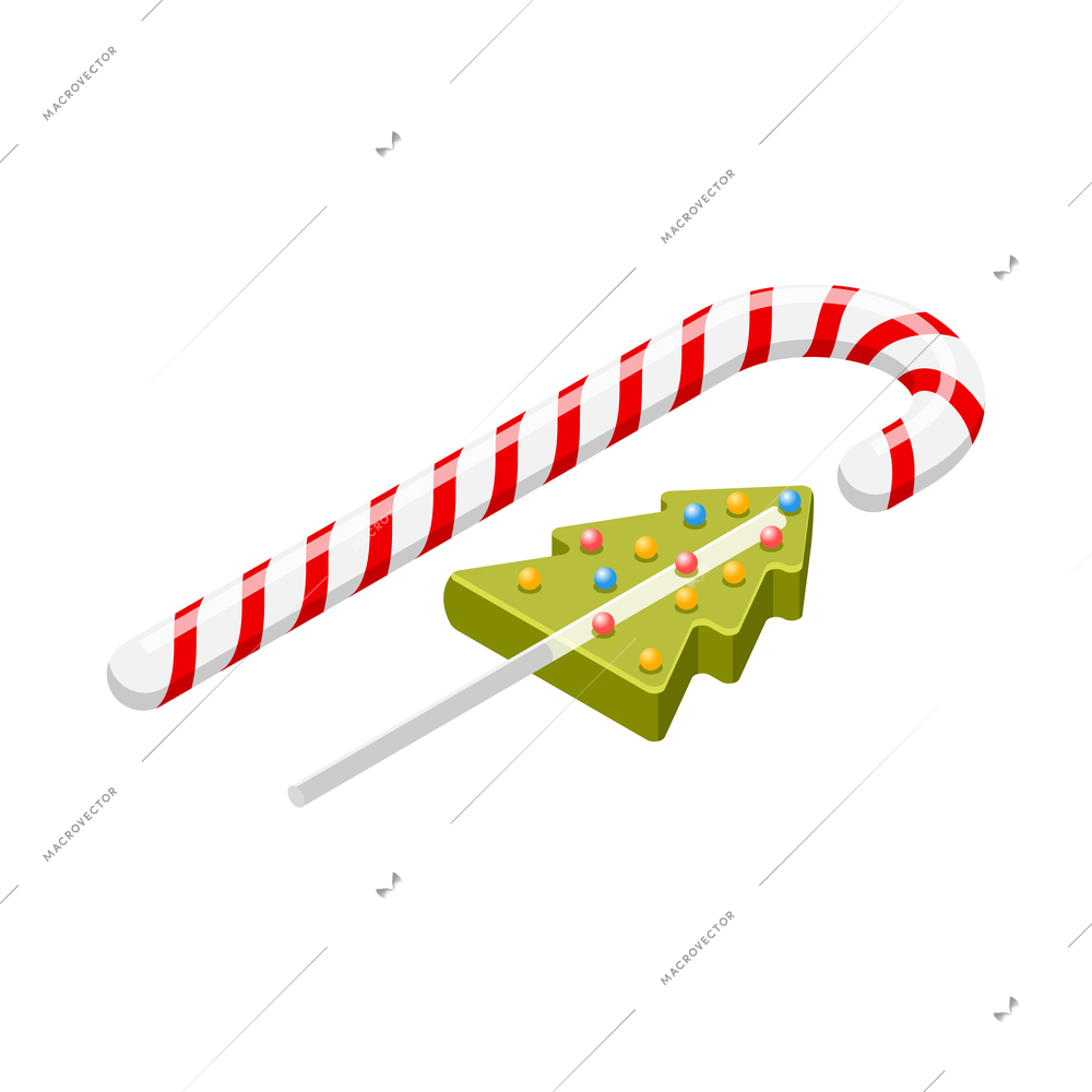 Christmas mood isometric icons composition with isolated images of lollipop candies of different shape vector illustration