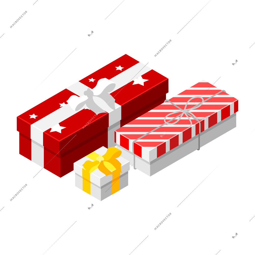 Christmas mood isometric icons composition with isolated images of festive boxes with ribbons vector illustration