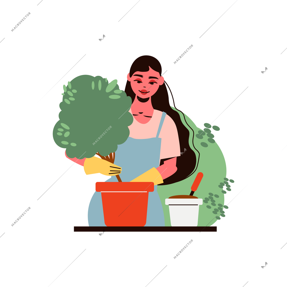 Gardening composition with character of female gardener planting tree into flower pot vector illustration