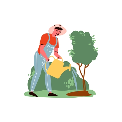 Gardening composition with character of male gardener watering trees with watering pot illustration