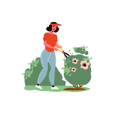 Gardening composition with character of female gardener cutting branches of bushes with scissors vector illustration
