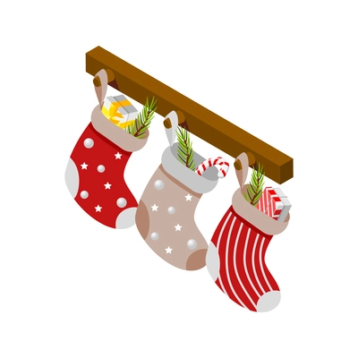Christmas mood isometric icons composition with images of hanging socks with presents vector illustration