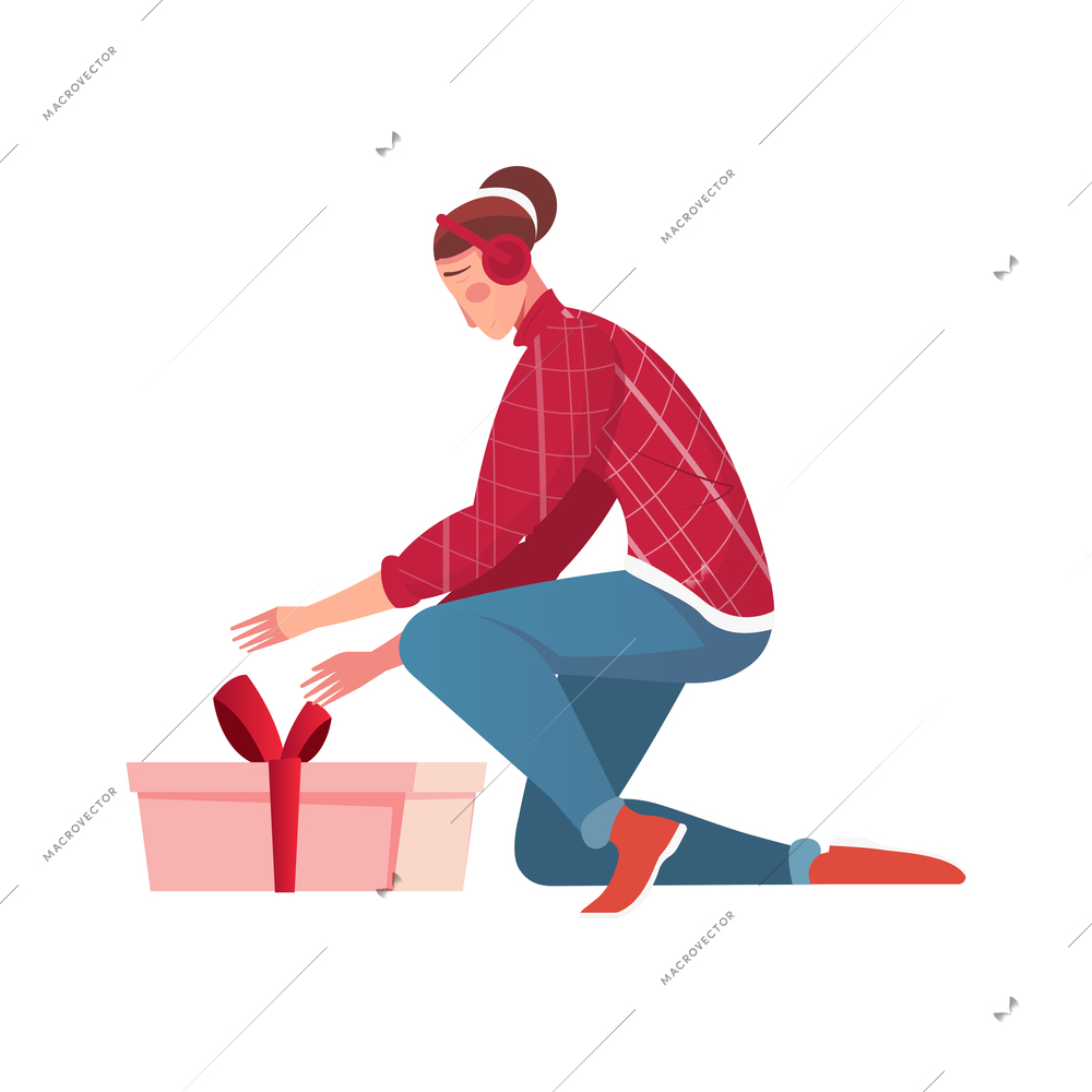 Christmas flat composition with human character of girl in headphones opening gift box vector illustration