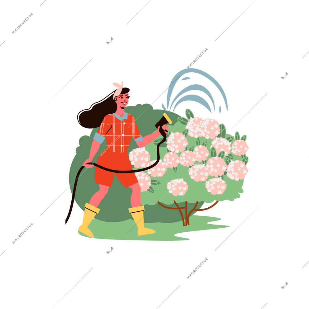 Gardening composition with character of female gardener watering trees with flexible water tube vector illustration