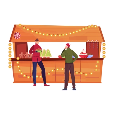 Christmas flat composition with view of fair stall with sweet cookies and people vector illustration