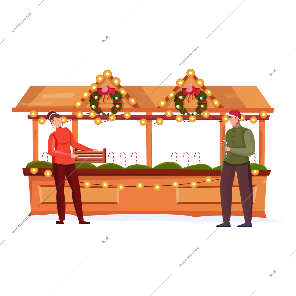 Christmas flat composition with view of market stall with lollipop sweets candy sticks and people vector illustration