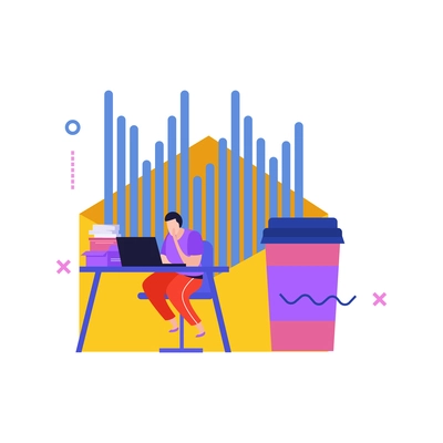 Data analysis flat composition with view of working place with man bar charts and coffee cup vector illustration