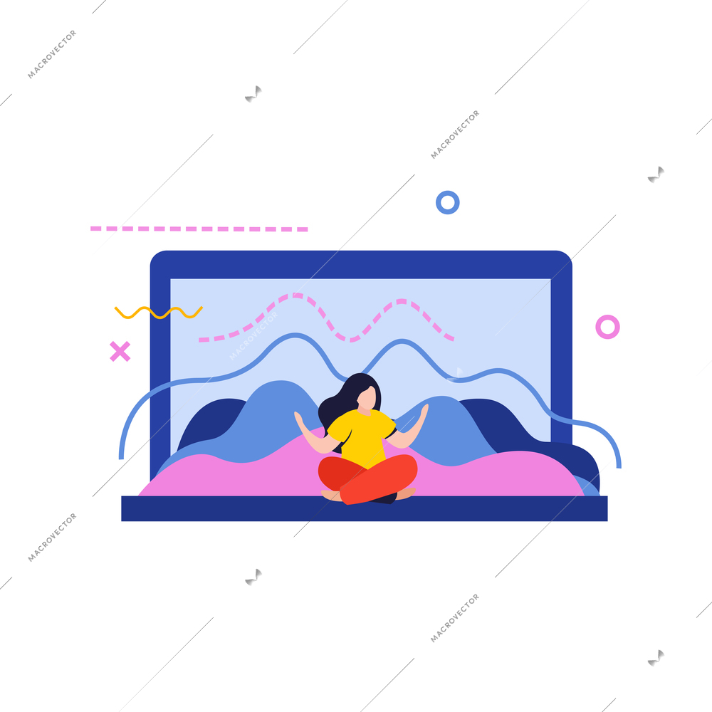 Data analysis flat composition with isolated laptop image with graphs charts and woman vector illustration