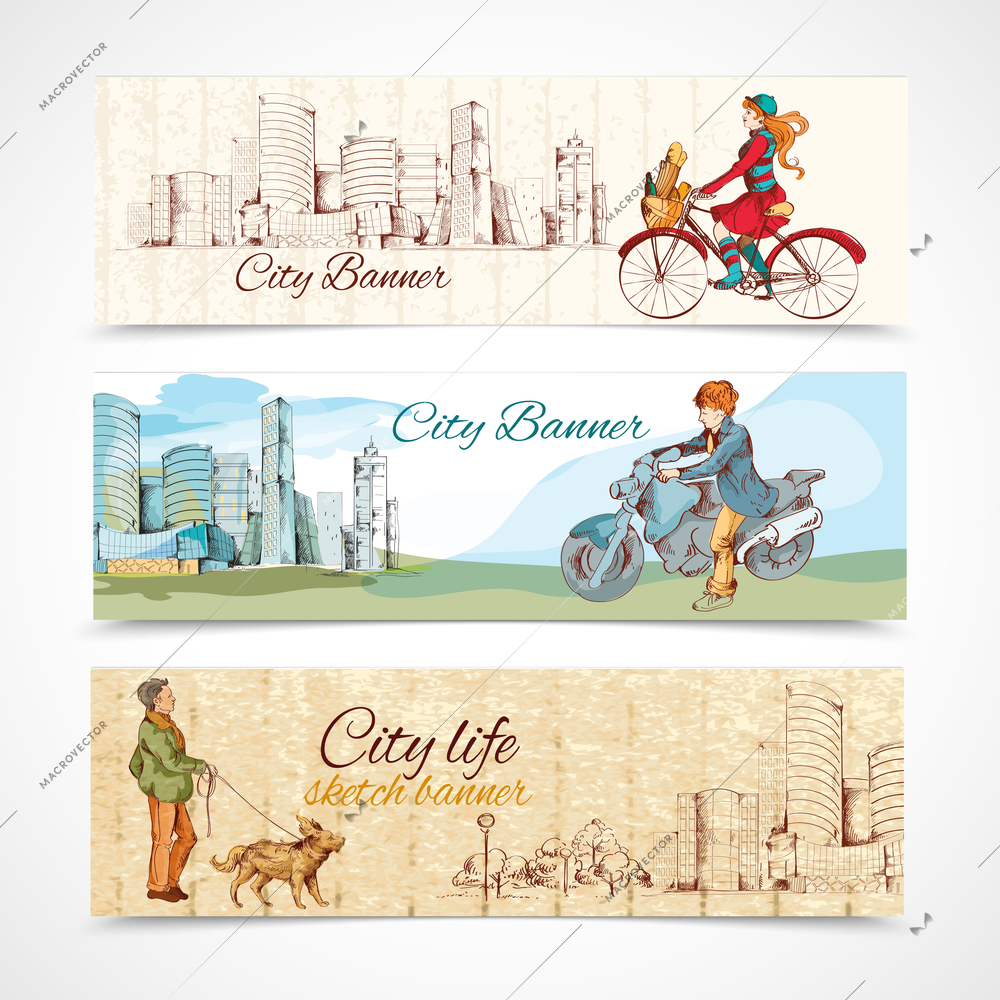 Modern urban people sketch colored horizontal banners set isolated vector illustration