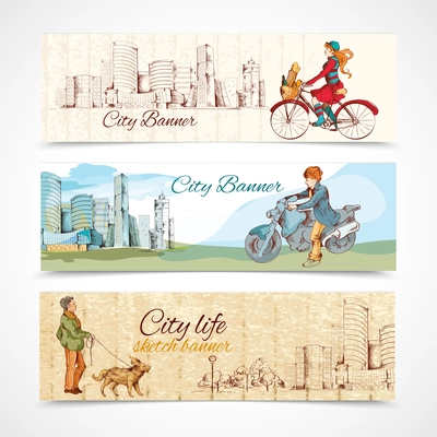 Modern urban people sketch colored horizontal banners set isolated vector illustration