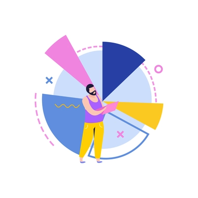 Data analysis flat composition with isolated circle graph explained by male character vector illustration