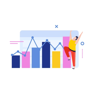 Data analysis flat composition with isolated bar chart and happy male character vector illustration