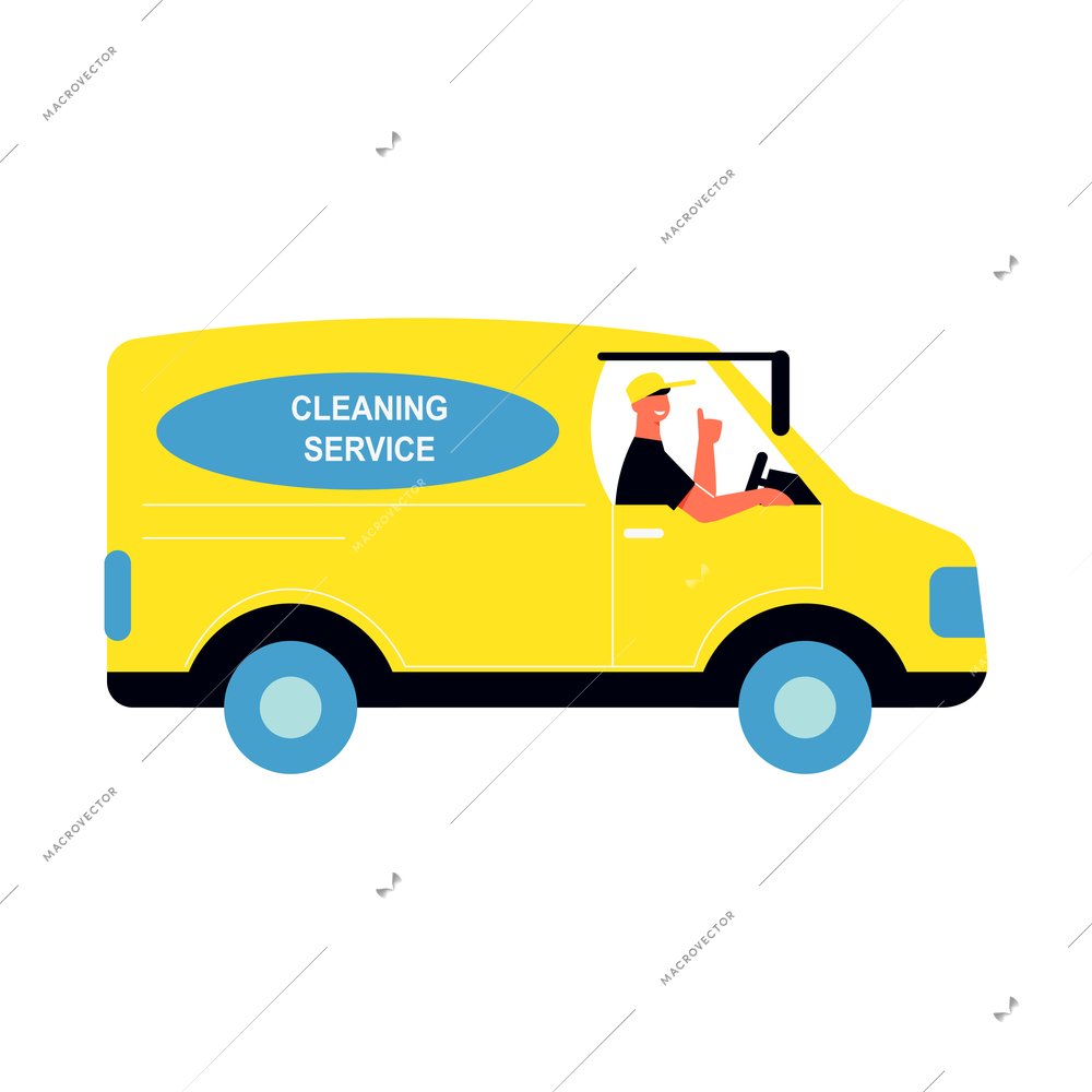 Cleaning service flat composition with isolated image of branded van with driver vector illustration
