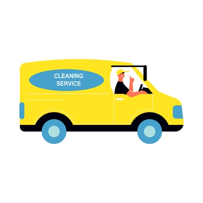 Cleaning service flat composition with isolated image of branded van with driver vector illustration