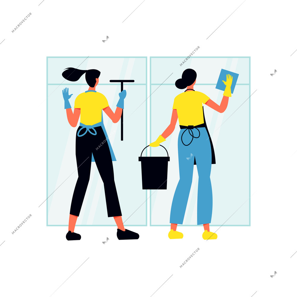 Cleaning service flat composition with human characters of female cleaning service workers washing windows vector illustration