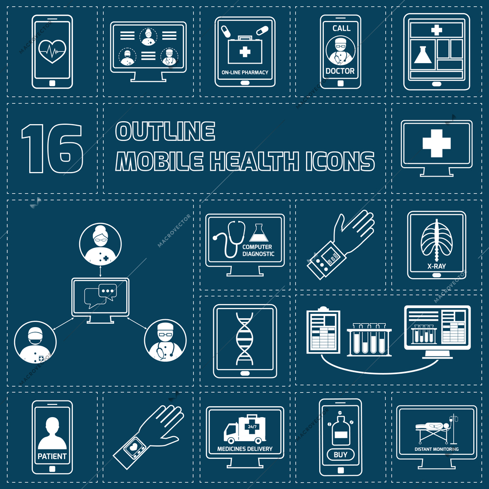 Mobile health online pharmacy computer diagnostics icons outline set isolated vector illustration