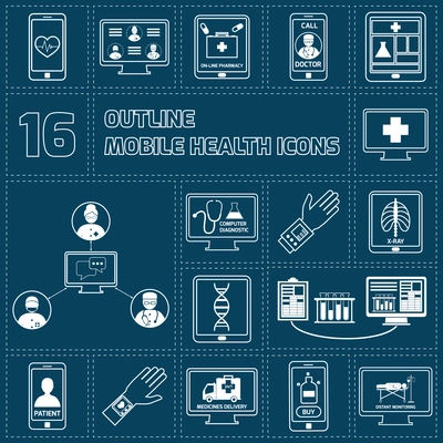 Mobile health online pharmacy computer diagnostics icons outline set isolated vector illustration