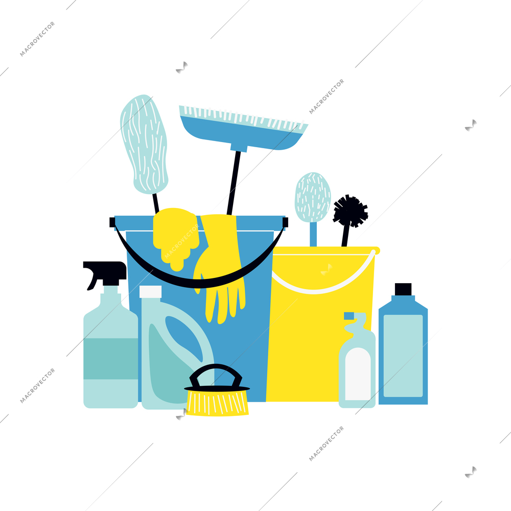 Cleaning service flat composition with images of cleaning utensils wash detergents gloves and buckets vector illustration