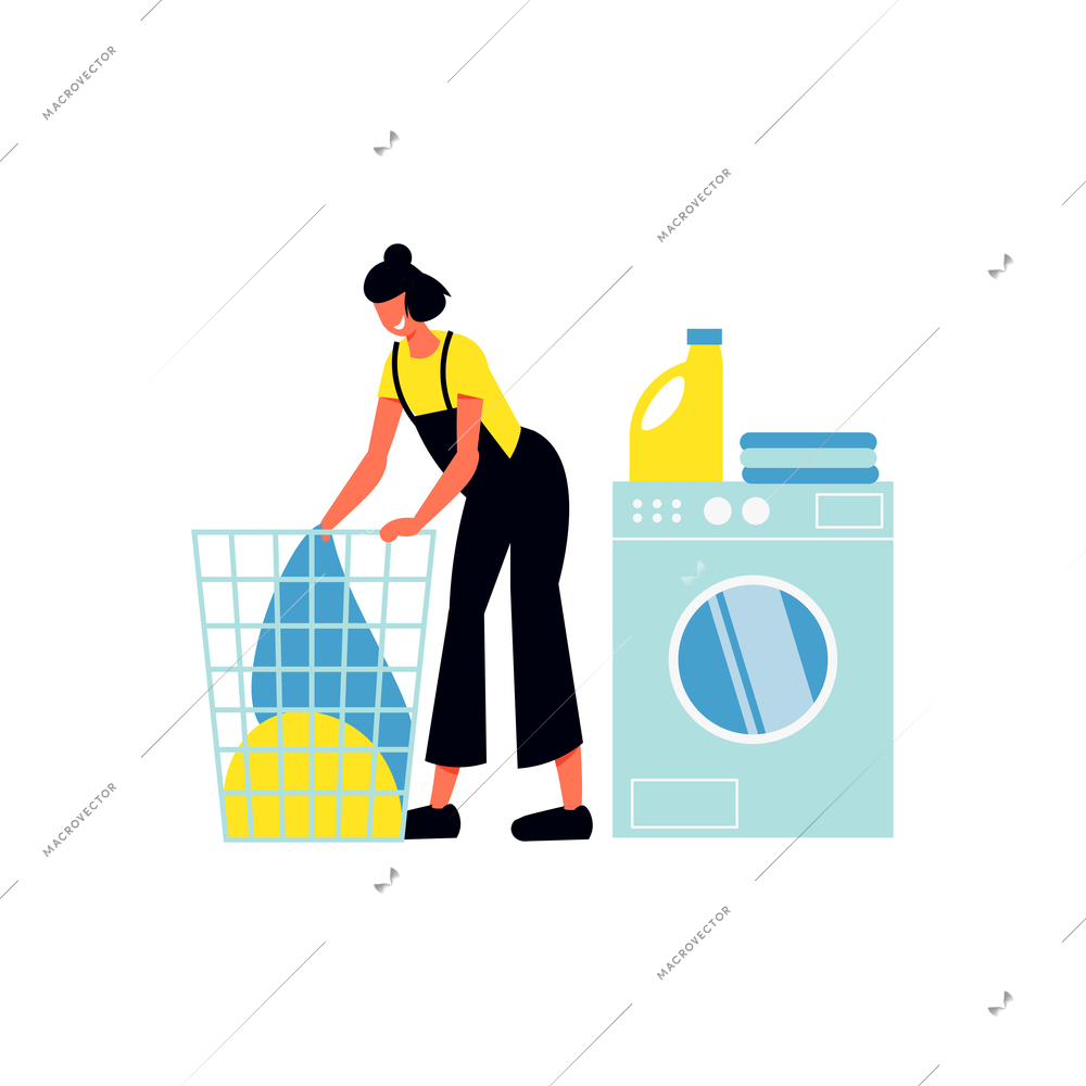 Cleaning service flat composition with female character of cleaning service worker with laundry washing machine vector illustration