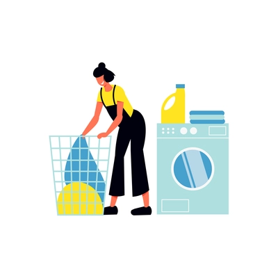 Cleaning service flat composition with female character of cleaning service worker with laundry washing machine vector illustration