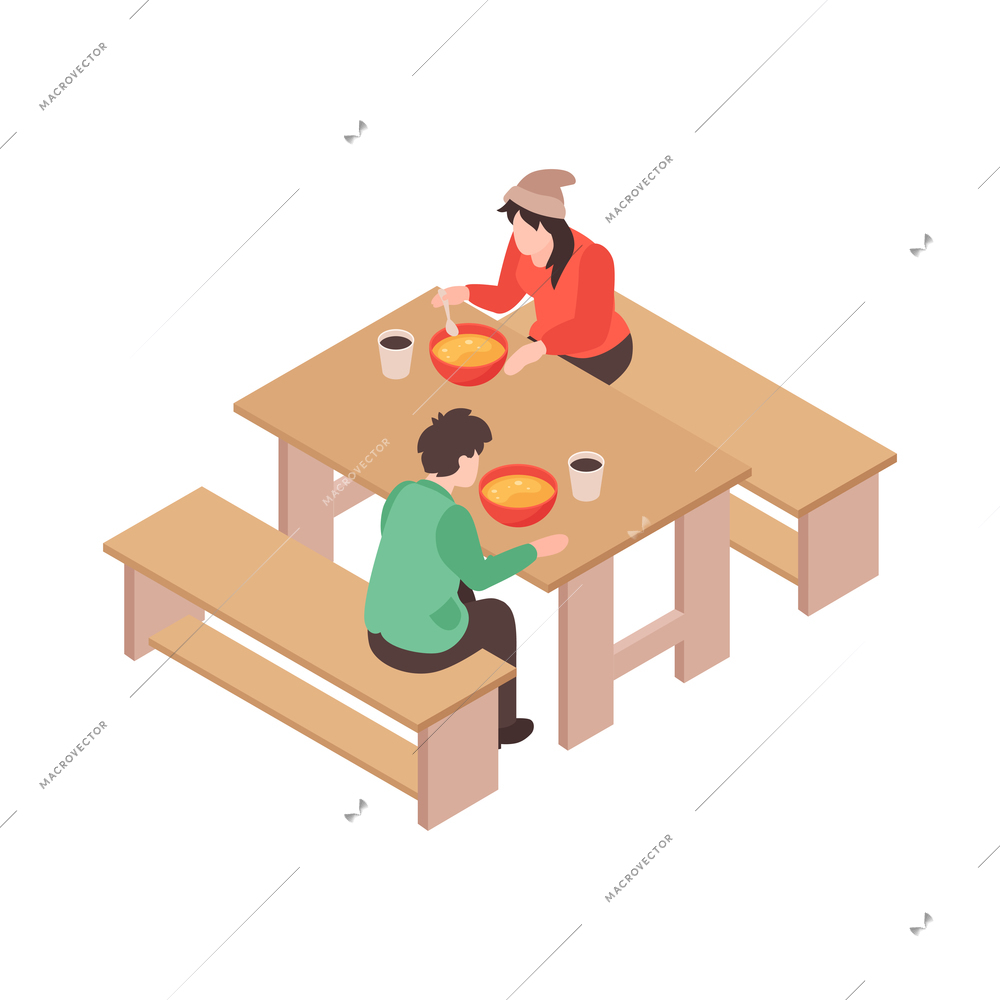 Isometric voluneer food homeless poor composition with human characters of eating poor people vector illustration